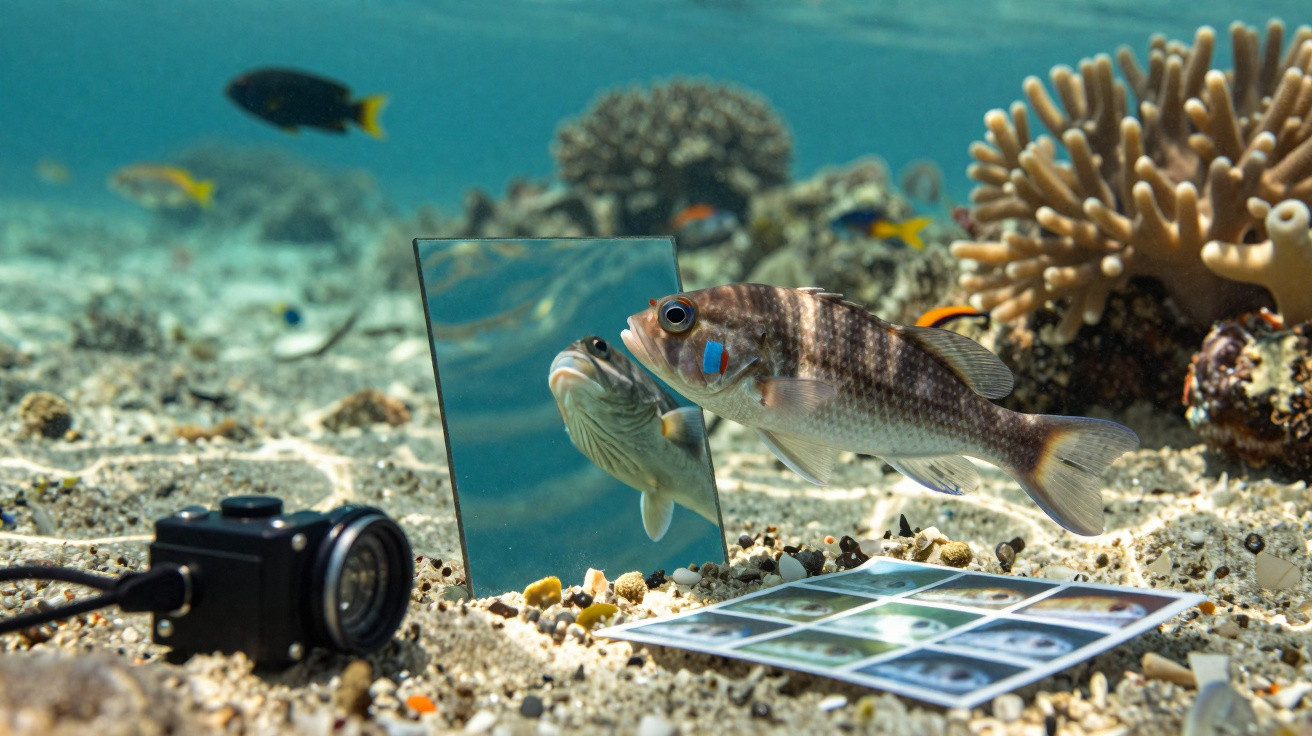 Peixe a olhar para um espelho debaixo de água, rodeado por coral, uma câmara e fotografias em baixo-mar.