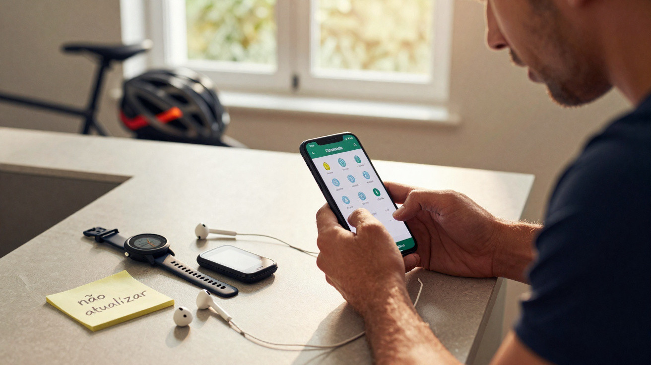 Homem sentado à mesa, a usar telemóvel, com relógio, earbuds e nota com texto numa mesa de madeira.