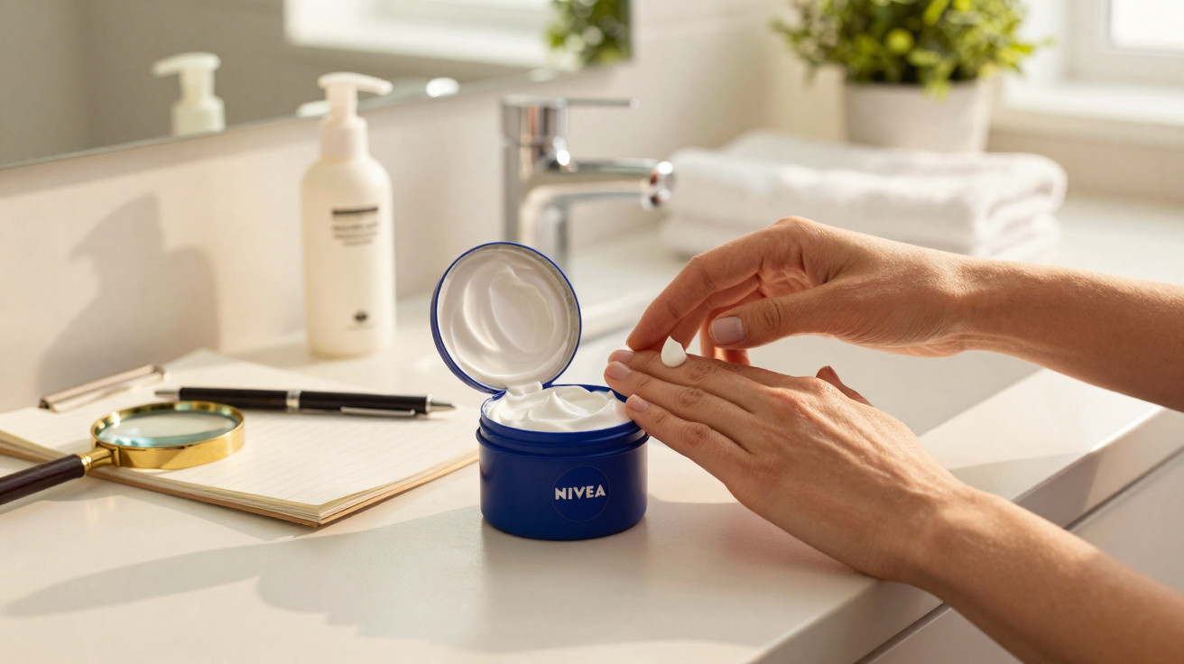 Mãos femininas aplicando creme Nivea num lavatório branco com espelho e detalhes de escritório.