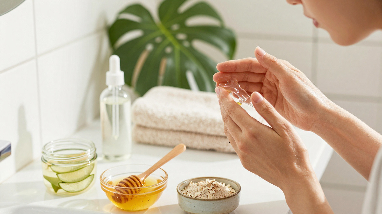 Mãos femininas a aplicar óleo com conta-gotas, com potes de mel e ingredientes naturais sobre bancada branca.