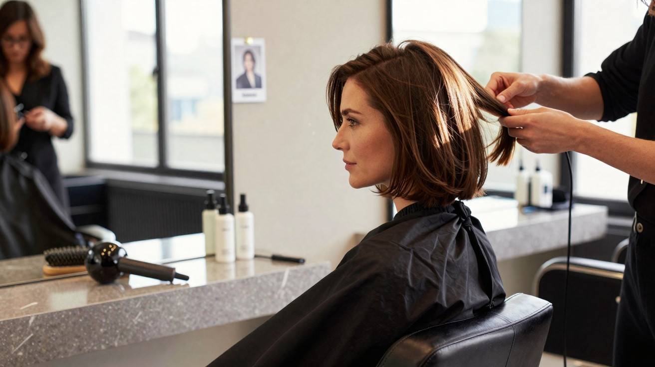 Mulher sentada no cabeleireiro a receber corte de cabelo com tesoura, em ambiente iluminado e moderno.