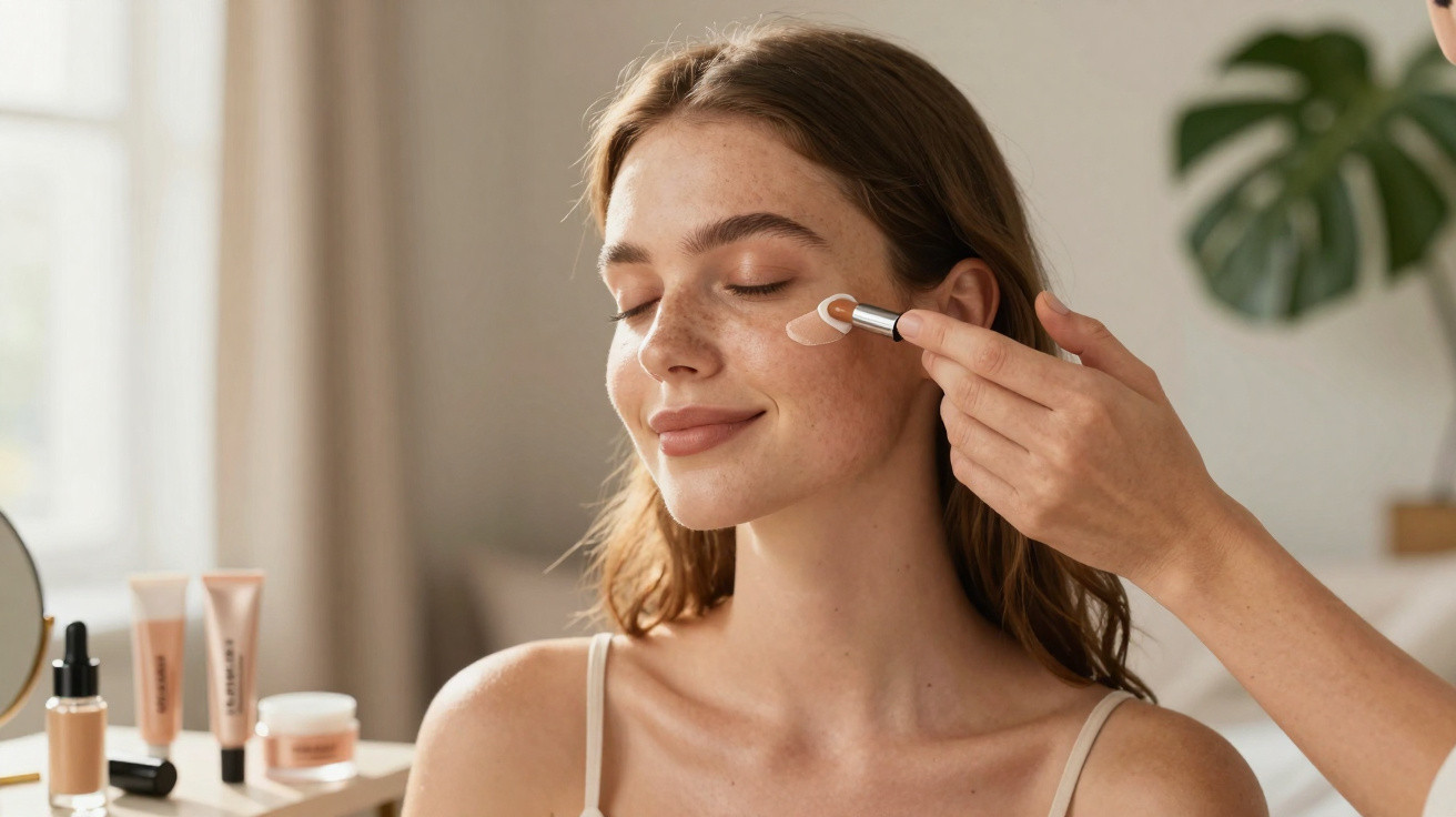 Mulher a aplicar creme facial com os olhos fechados e sorriso suave num ambiente acolhedor.
