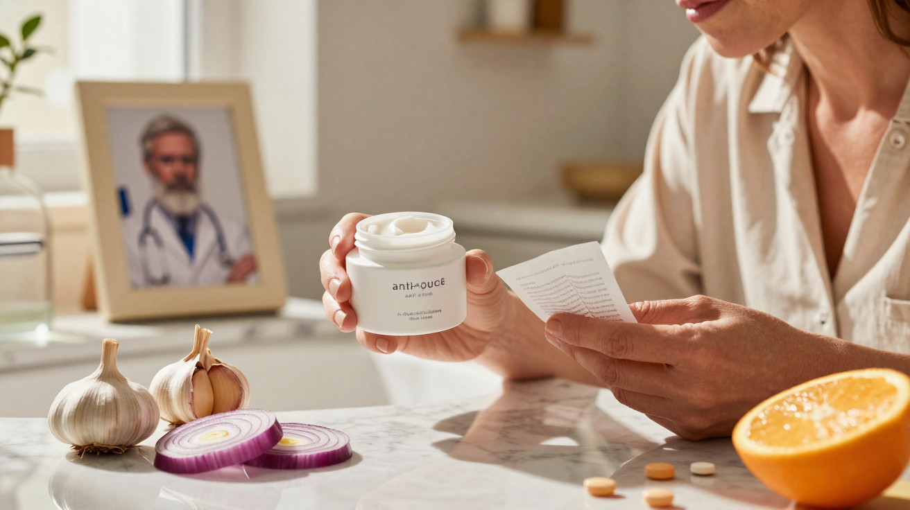 Pessoa abre embalagem de creme facial com ingredientes naturais sobre mesa com alho, cebola e laranja cortados.