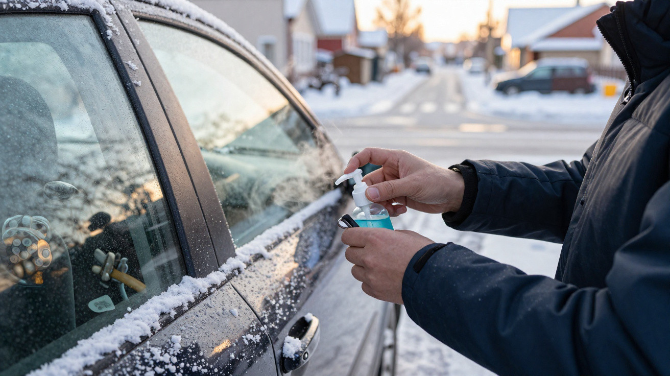 Pessoa a aplicar líquido descongelante no espelho lateral congelado de um carro na rua com neve.