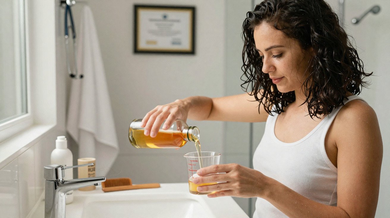 Mulher de camisola branca a verter líquido dourado de garrafa para copo medidor na casa de banho.