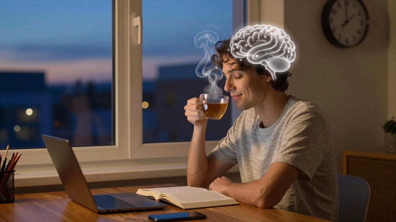 Jovem sentado à mesa com chá, laptop aberto e ilustração de cérebro, a relaxar num ambiente doméstico à noite.
