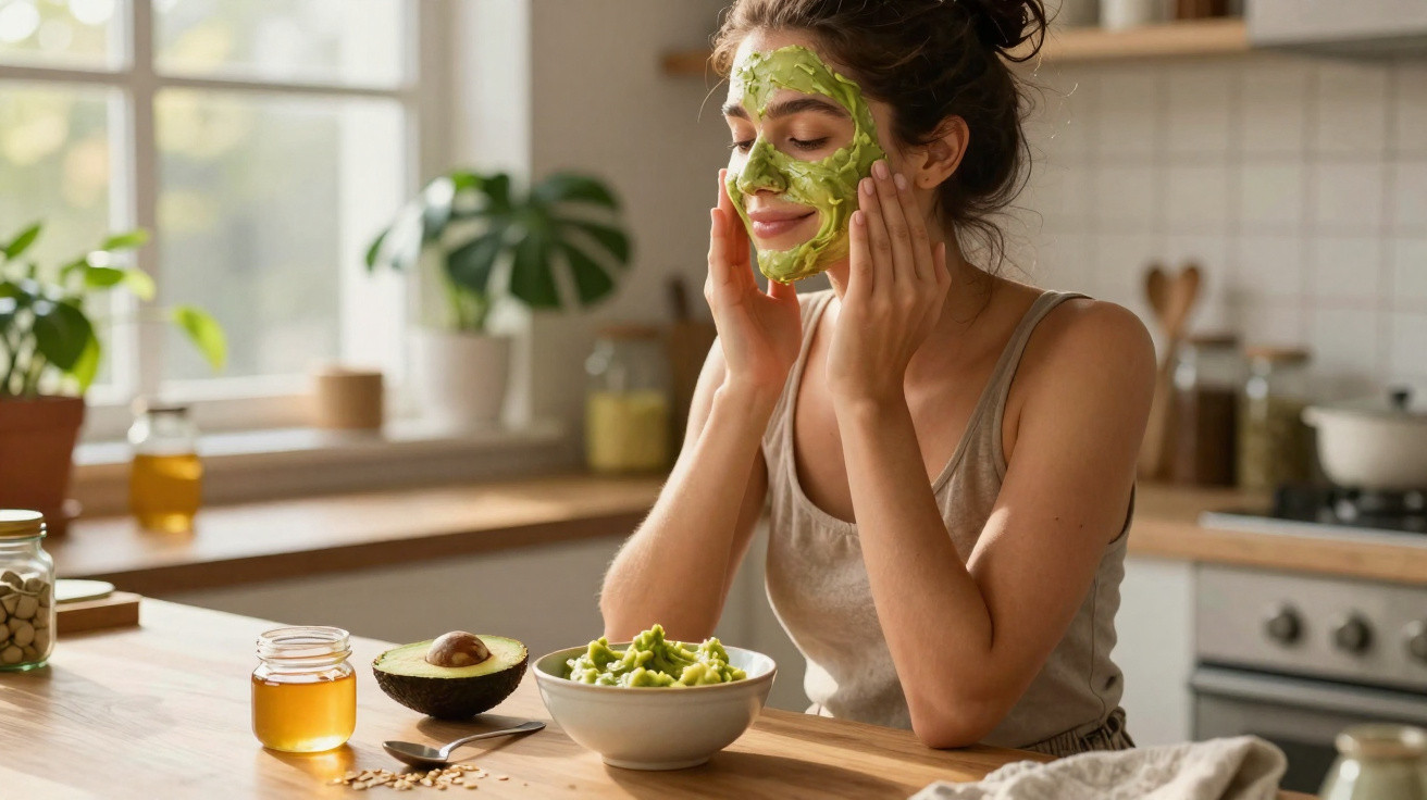 Mulher jovem numa cozinha com máscara facial de abacate, sentada à mesa com ingredientes naturais à frente.