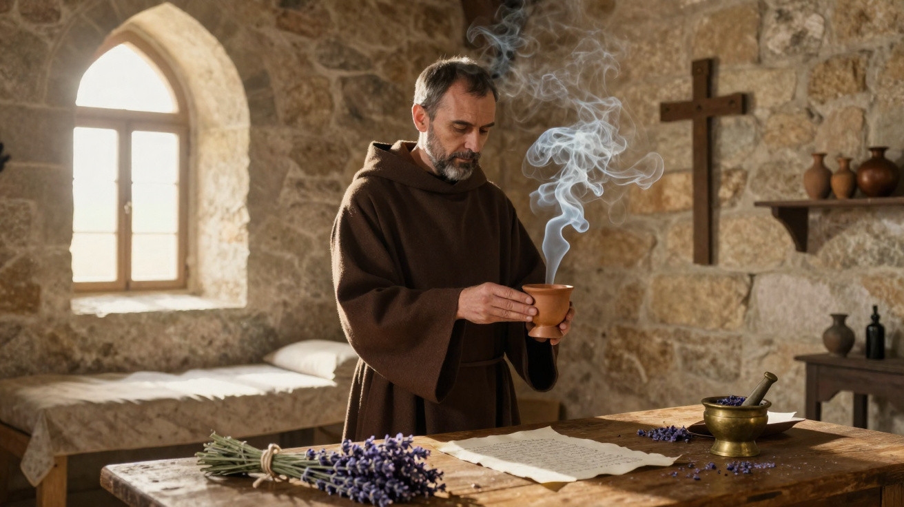 Monge com capuz castanho segurando recipiente com incenso fumegante numa sala de pedra com cruz e lavanda.