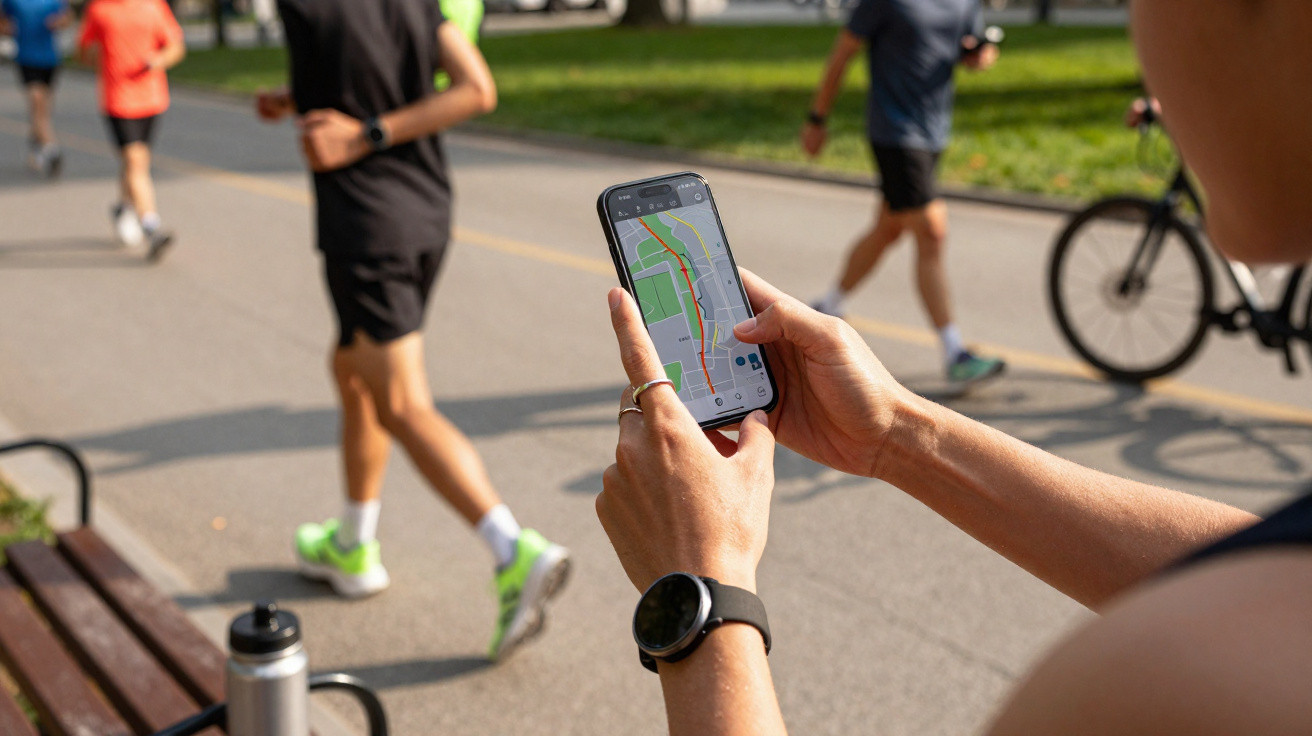 Pessoa com relógio inteligente a ver rota de corrida num smartphone num parque com outros a correr e andar de bicicleta.