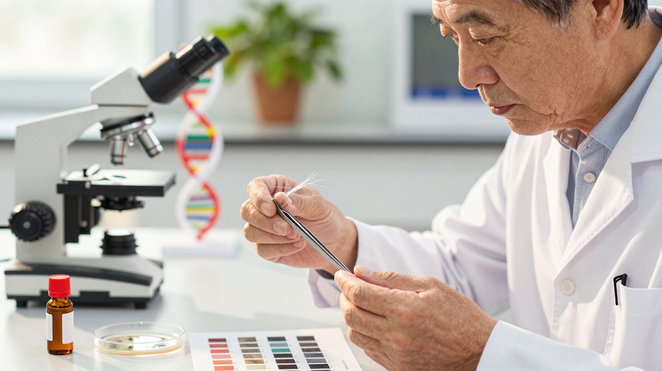 Cientista a examinar fibras com pinças num laboratório com microscópio e cadeias de ADN ao fundo.