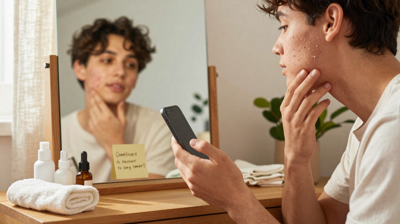 Jovem com acne a olhar para o rosto no espelho, segurando um telemóvel, com produtos de cuidados na secretária.
