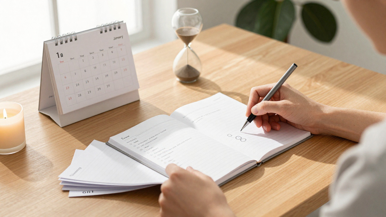 Pessoa a escrever num caderno, com calendário, ampulheta e vela numa mesa de madeira clara.