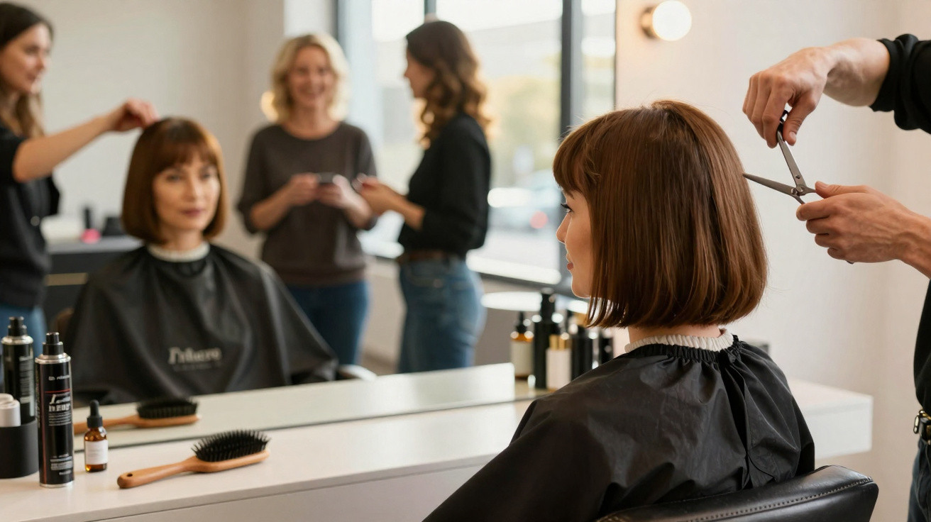 Mulher de cabelo curto sentado numa cadeira a cortar o cabelo num salão de beleza moderno.