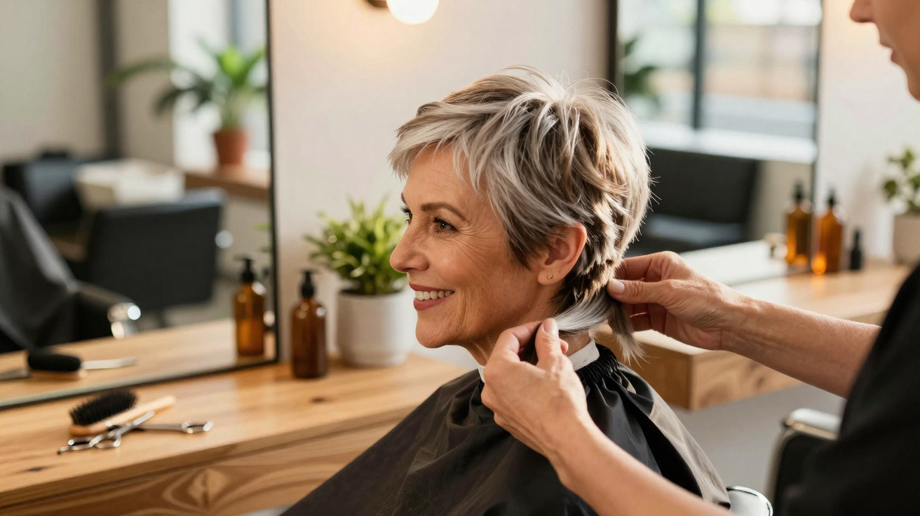 Mulher sorridente a receber corte de cabelo curto num salão de beleza moderno.