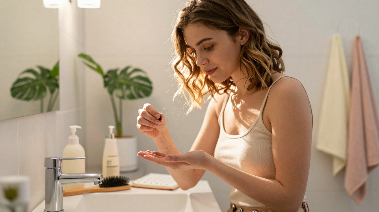 Mulher a aplicar óleo nas cutículas das unhas num lavabo com luz natural suave.