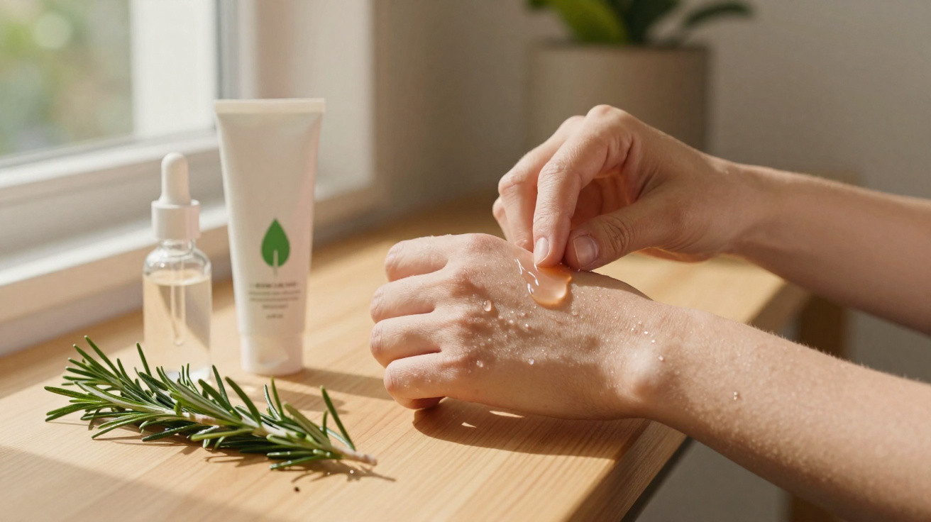 Mãos femininas a aplicar gel hidratante com ramo de alecrim e dois frascos de cosméticos em madeira perto de janela.