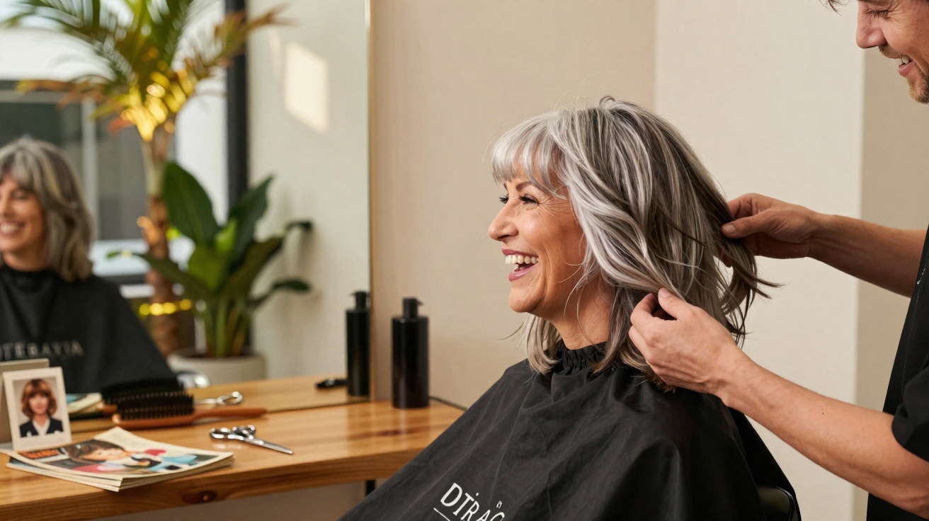 Mulher sorridente a receber corte de cabelo num salão de cabeleireiro.