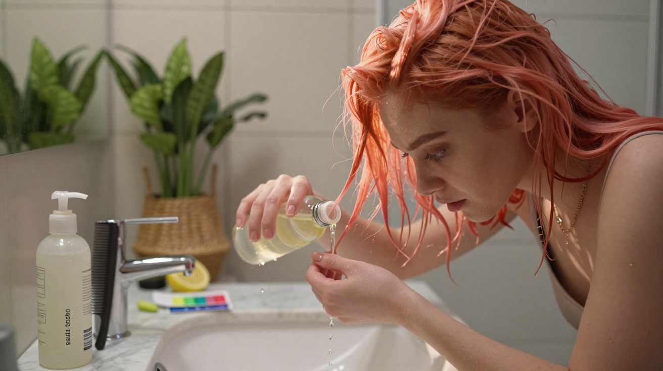 Mulher com cabelo cor de rosa aplica óleo no cabelo molhado junto a uma pia de casa de banho.