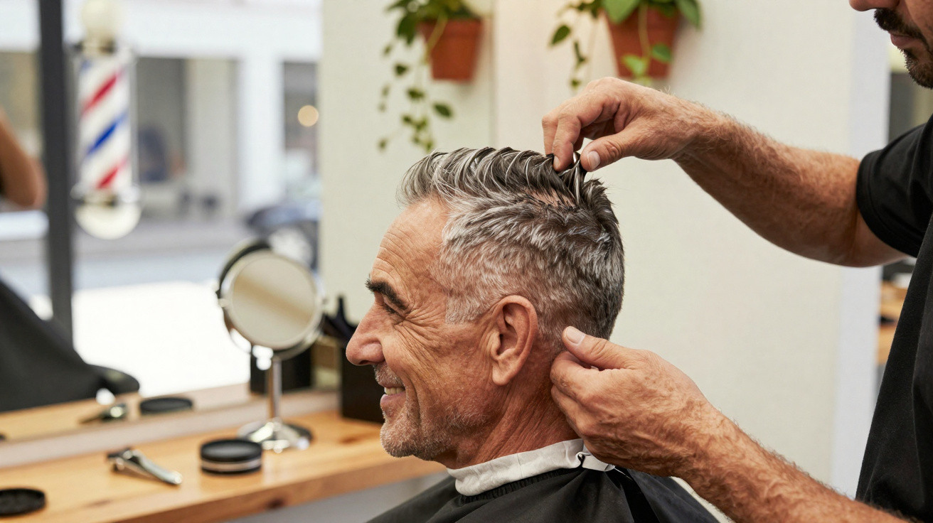 Homem sorridente a cortar cabelo num salão de cabeleireiro com espelho e planta ao fundo.