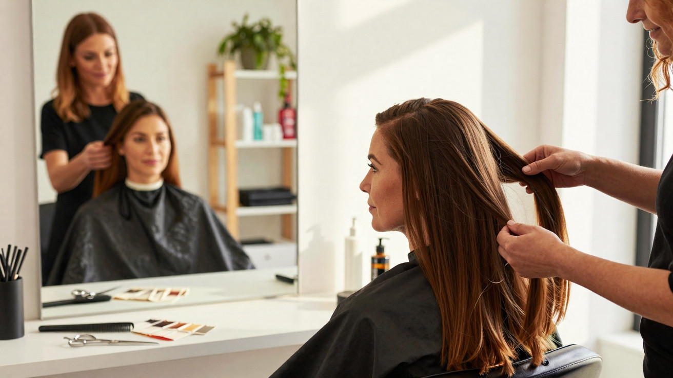 Mulher a cortar cabelo num salão de cabeleireiro moderno com espelho e produtos de beleza à vista.