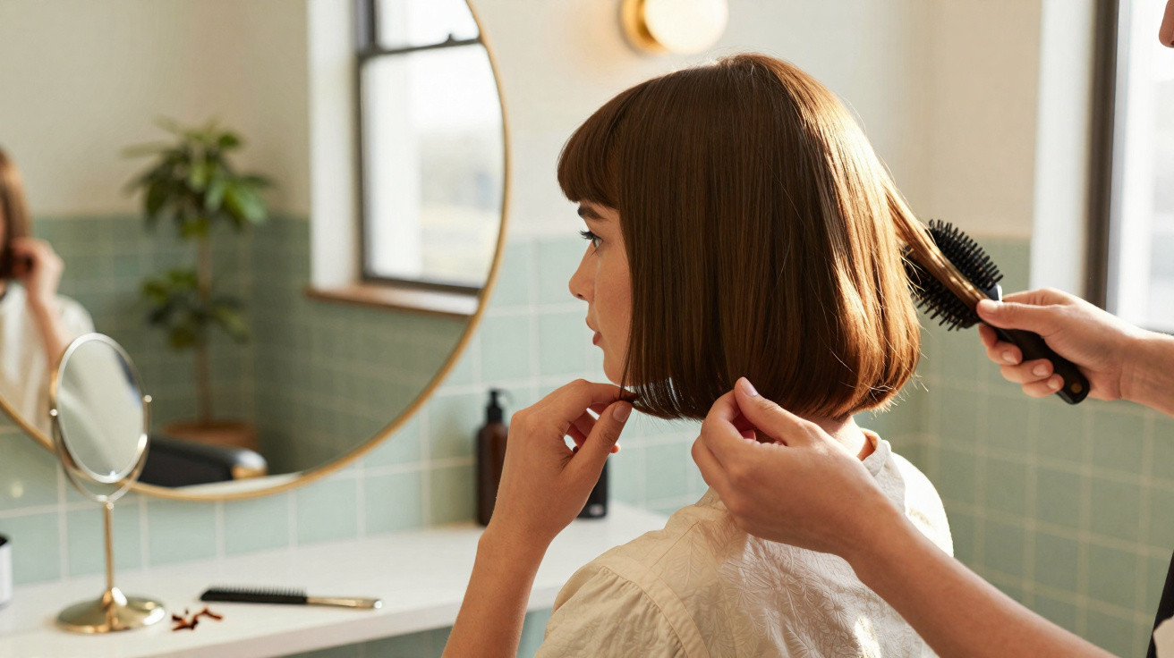 Mulher sentada num cabeleireiro enquanto profissional penteia o seu cabelo castanho curto.