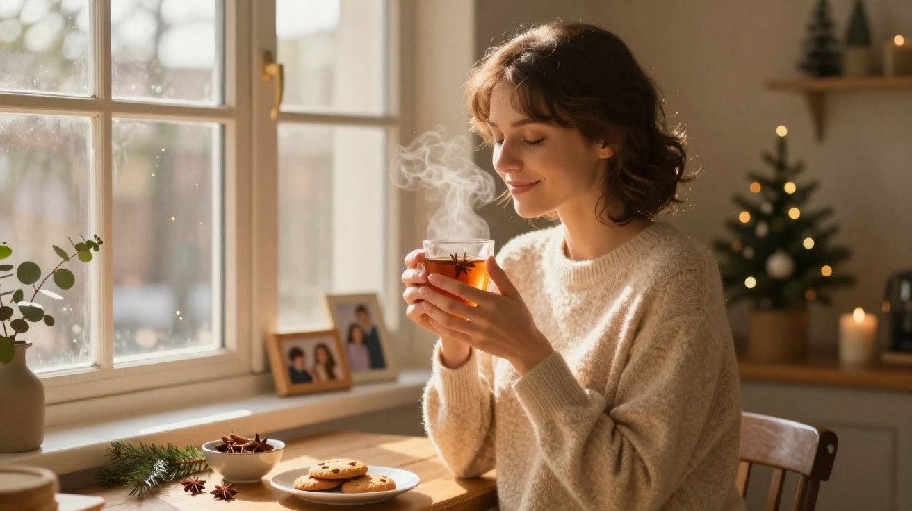 Mulher sentada junto à janela a desfrutar de chá quente com biscoitos e decoração natalícia ao fundo.