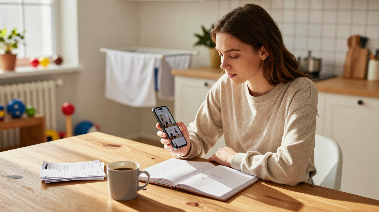 Mulher sentada à mesa a estudar com caderno aberto, a olhar para o telemóvel, com chá à sua frente.