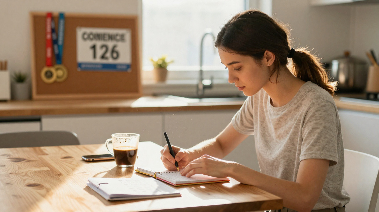 Mulher sentada a escrever num caderno numa cozinha iluminada, com café e telemóvel na mesa.