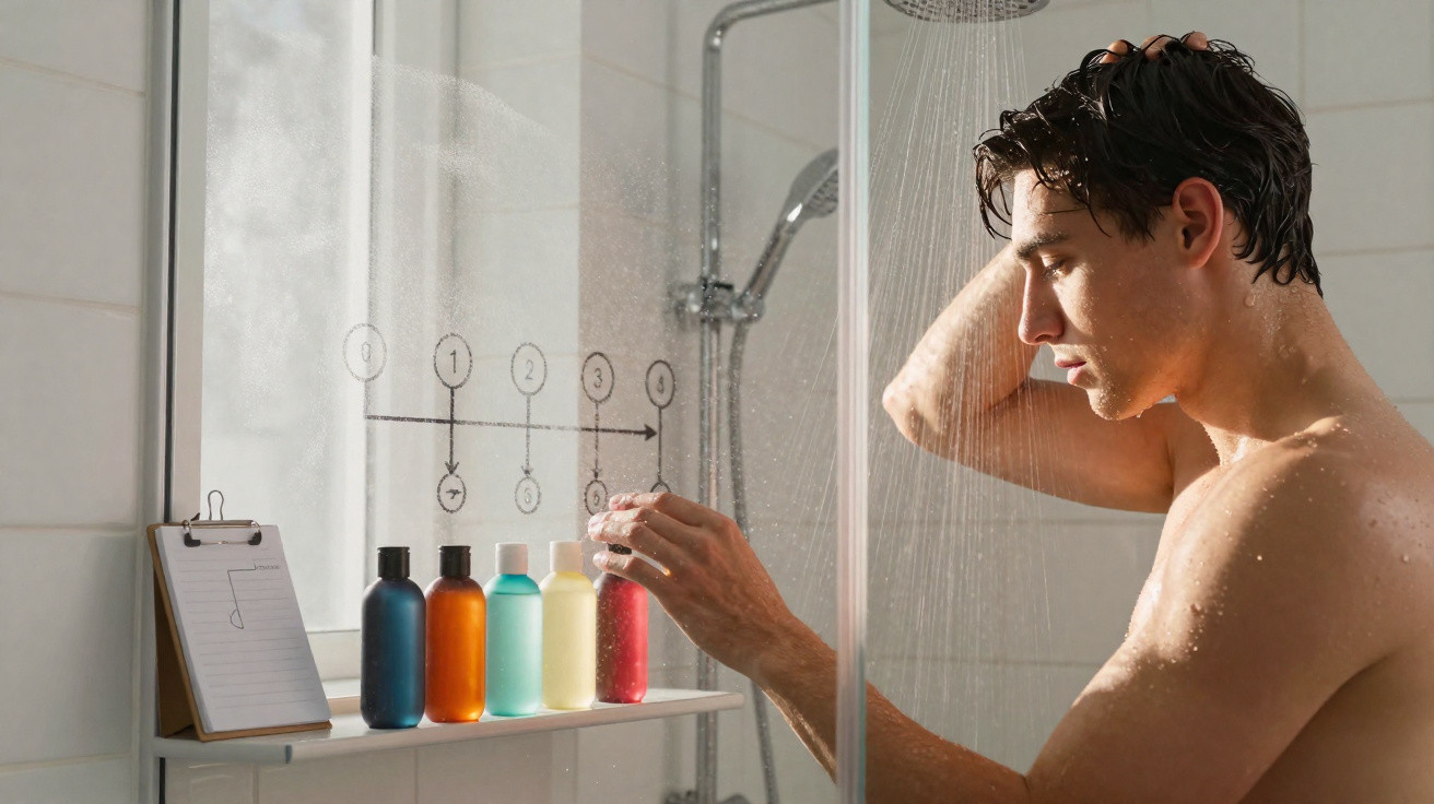 Homem de cabelo molhado no duche, escolhendo produtos coloridos numa prateleira dentro da cabine.