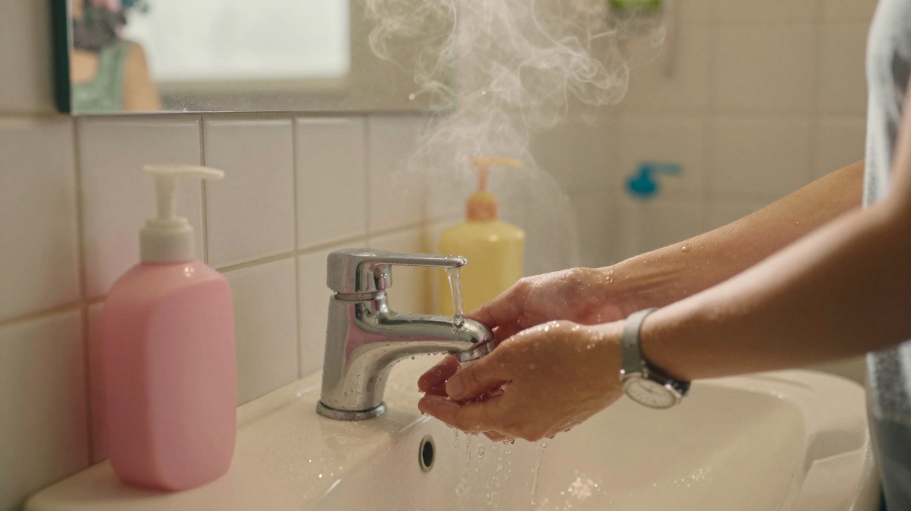 Pessoa lavando as mãos com água quente em lavatório com dispensadores de sabonete rosa e amarelo.