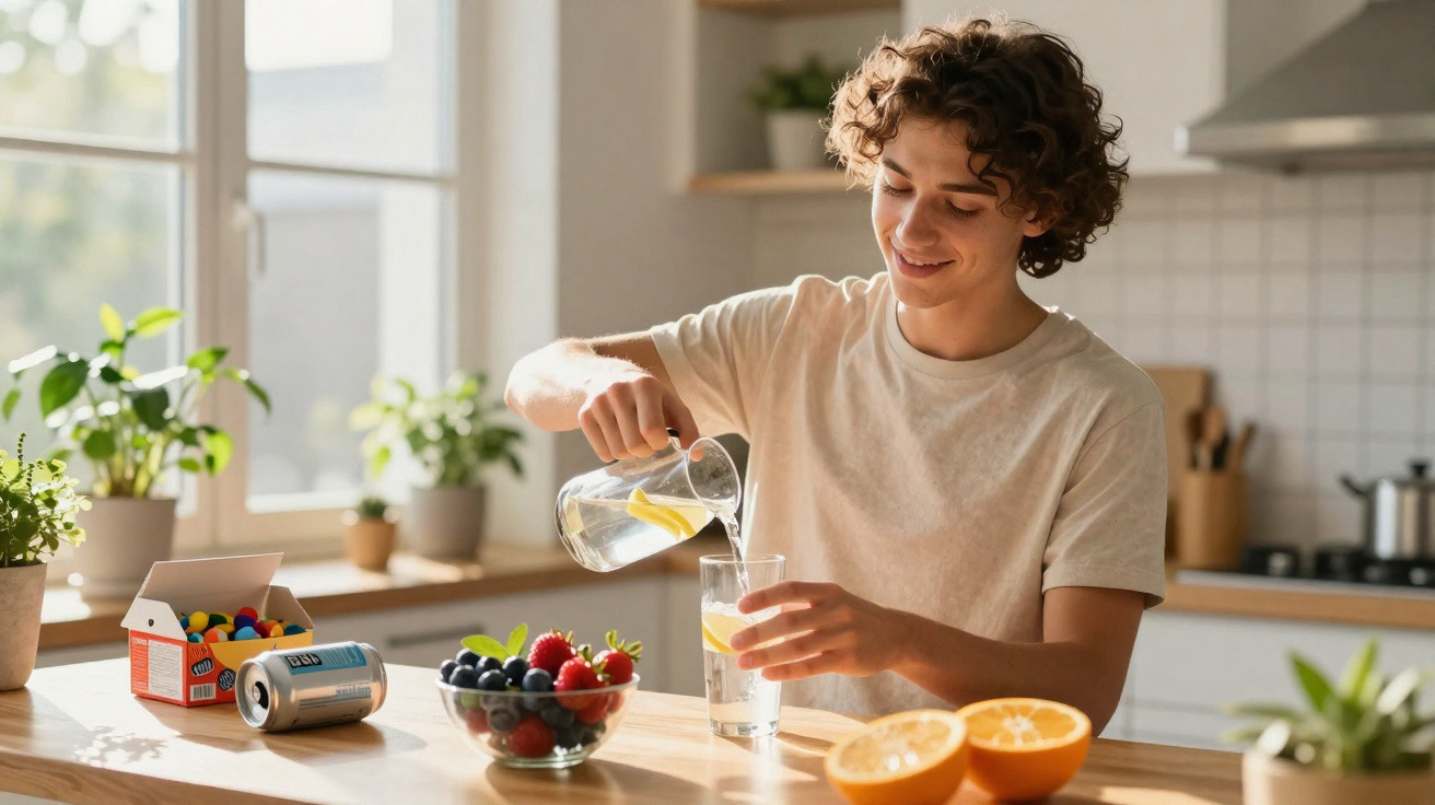 Jovem a servir água com limão num copo na cozinha, rodeado de fruta e plantas.
