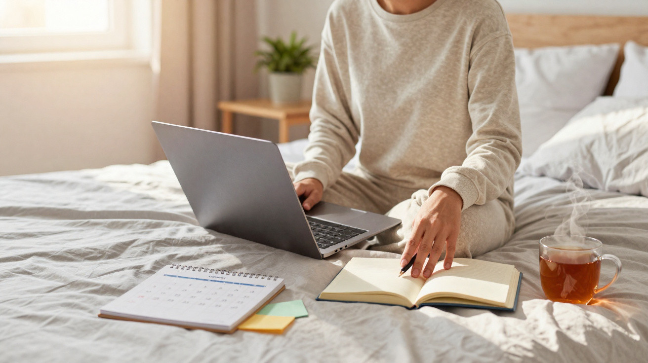 Pessoa sentada na cama a usar portátil, a fazer anotações num caderno com chá e calendário ao lado.