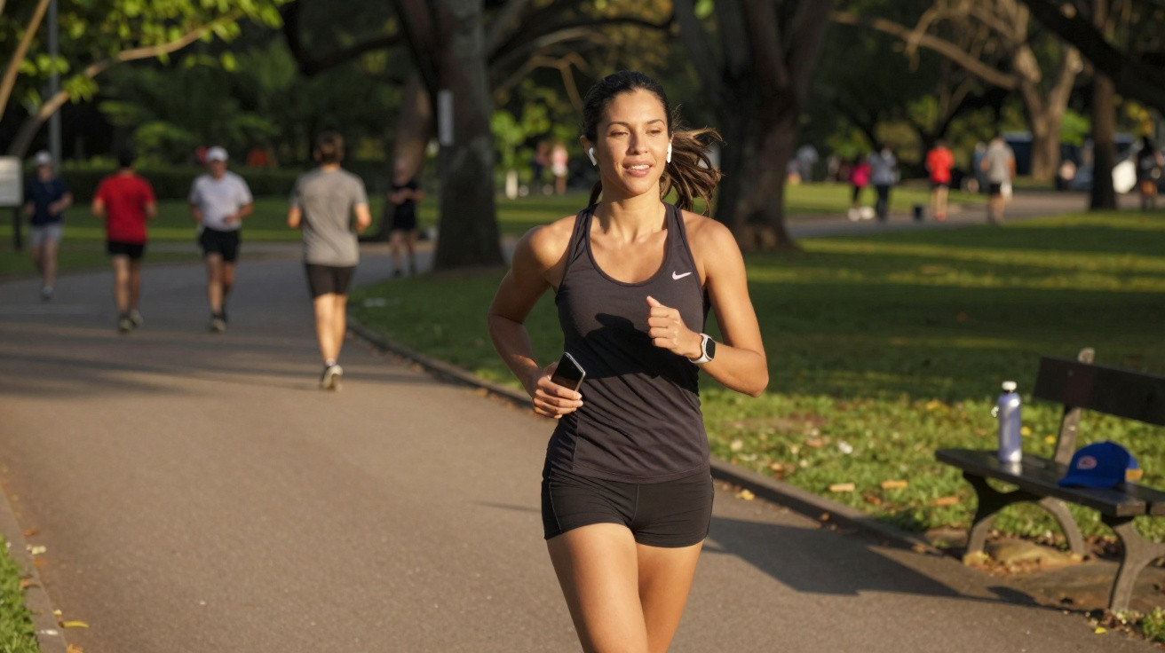 Mulher a correr num parque com roupa desportiva preta e auscultadores, ao final da tarde.