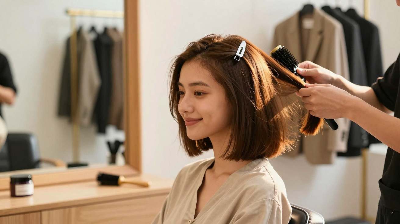 Mulher sorridente sentada num salão de beleza enquanto cabeleireiro penteia cabelo castanho curto.