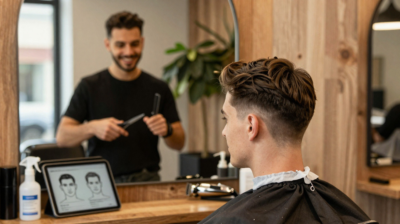 Homem sentado numa barbearia com capa preta, vê o corte de cabelo no espelho e barbeiro prepara tesoura.