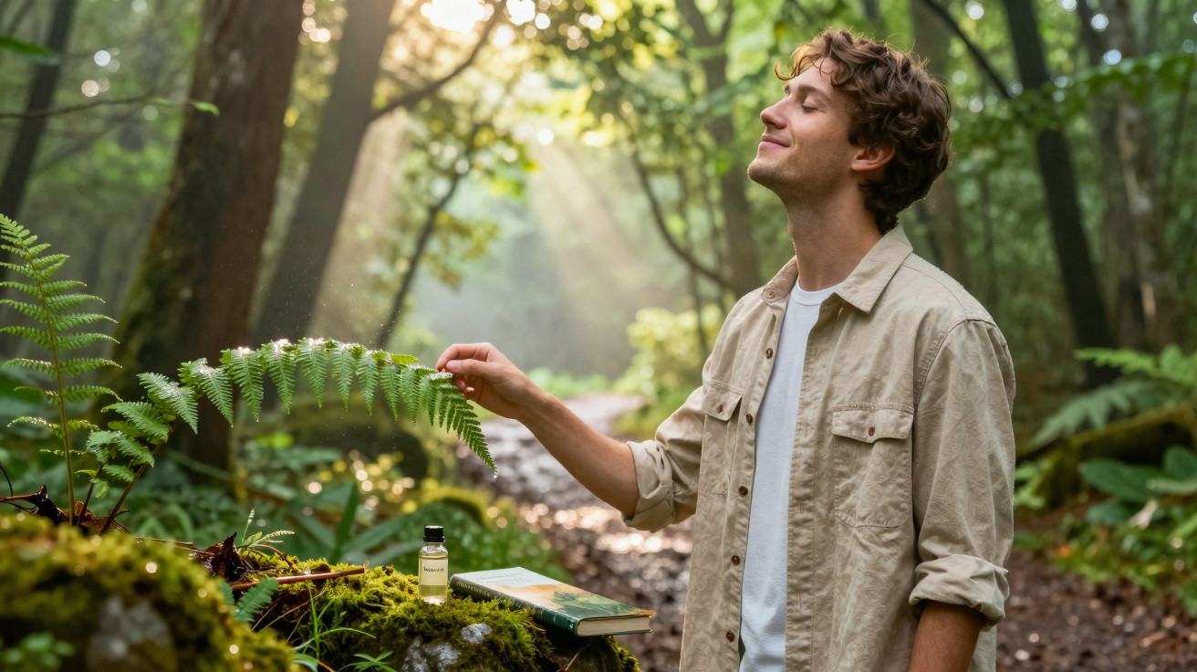 Homem jovem a desfrutar da natureza numa floresta, tocando folhas de samambaia sob raios de sol.