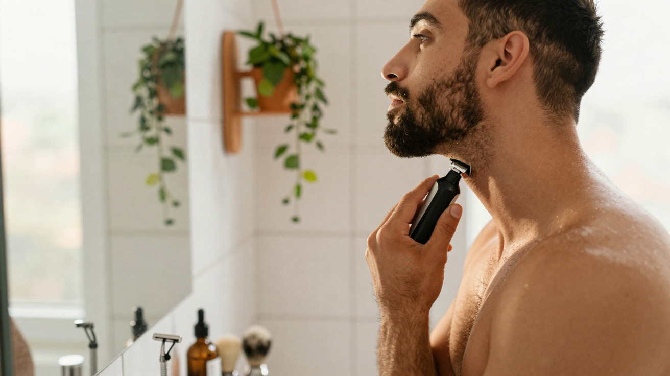Homem usa aparador de barba no pescoço enquanto se olha ao espelho numa casa de banho com plantas.