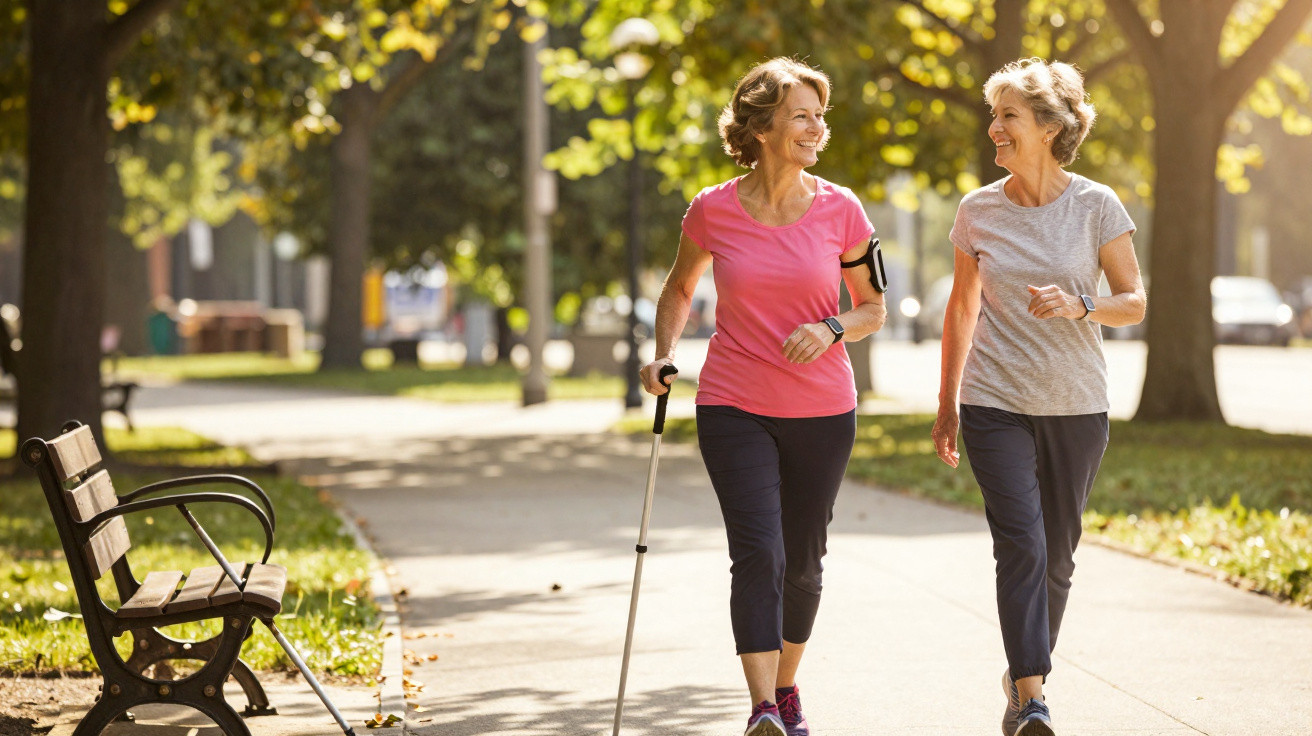Duas mulheres seniores a caminhar e conversar num parque ensolarado, uma delas com suporte de caminhada.