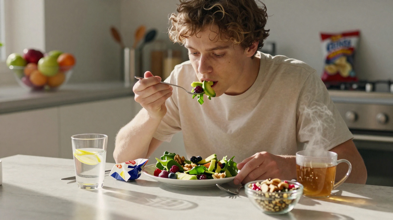 Jovem a comer salada fresca ao almoço numa cozinha iluminada pela luz natural.