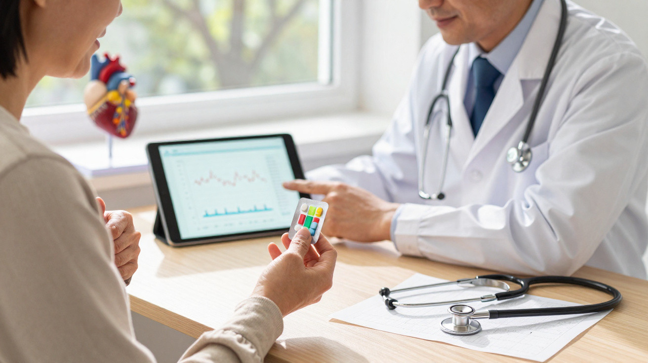 Paciente com controle remoto de saúde em consulta com médico, que aponta para gráfico num tablet.
