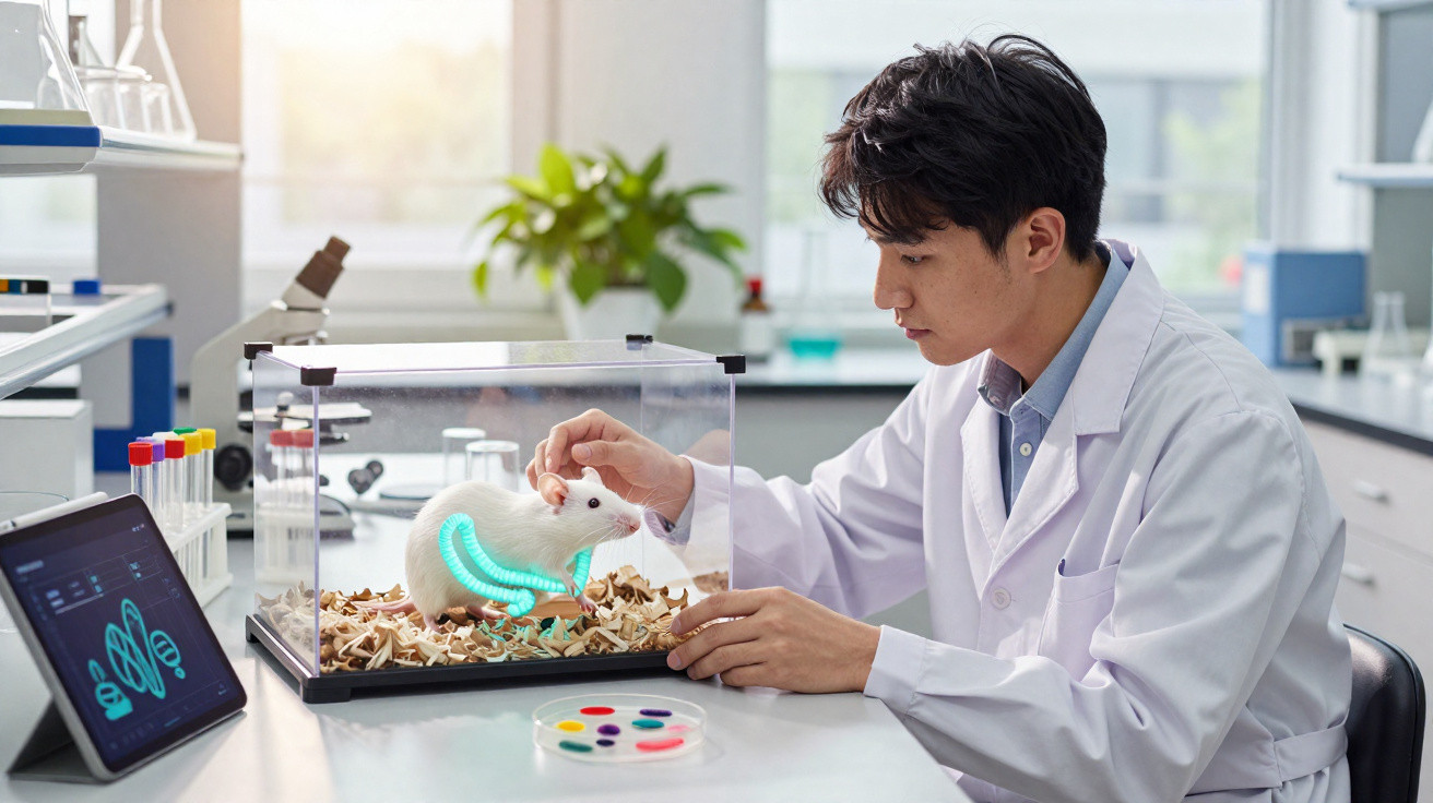 Cientista em laboratório a interagir com rato branco dentro de caixa transparente para estudo genético.