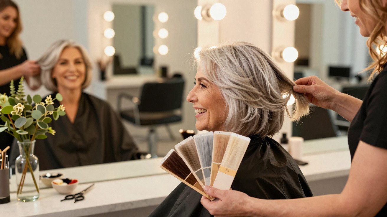 Mulher idosa feliz no cabeleireiro a escolher cor de cabelo com profissional, espelho e luzes ao fundo.