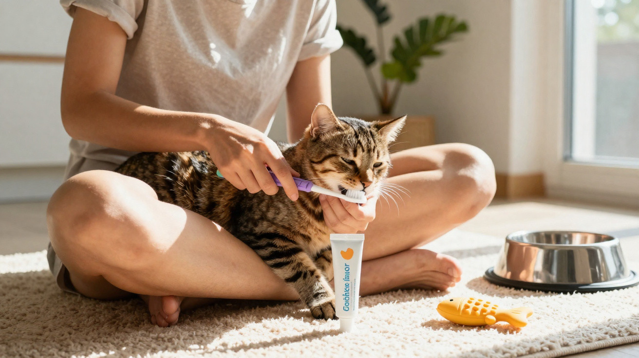 Pessoa sentada no chão a escovar os dentes de um gato com pasta dental específica para animais.