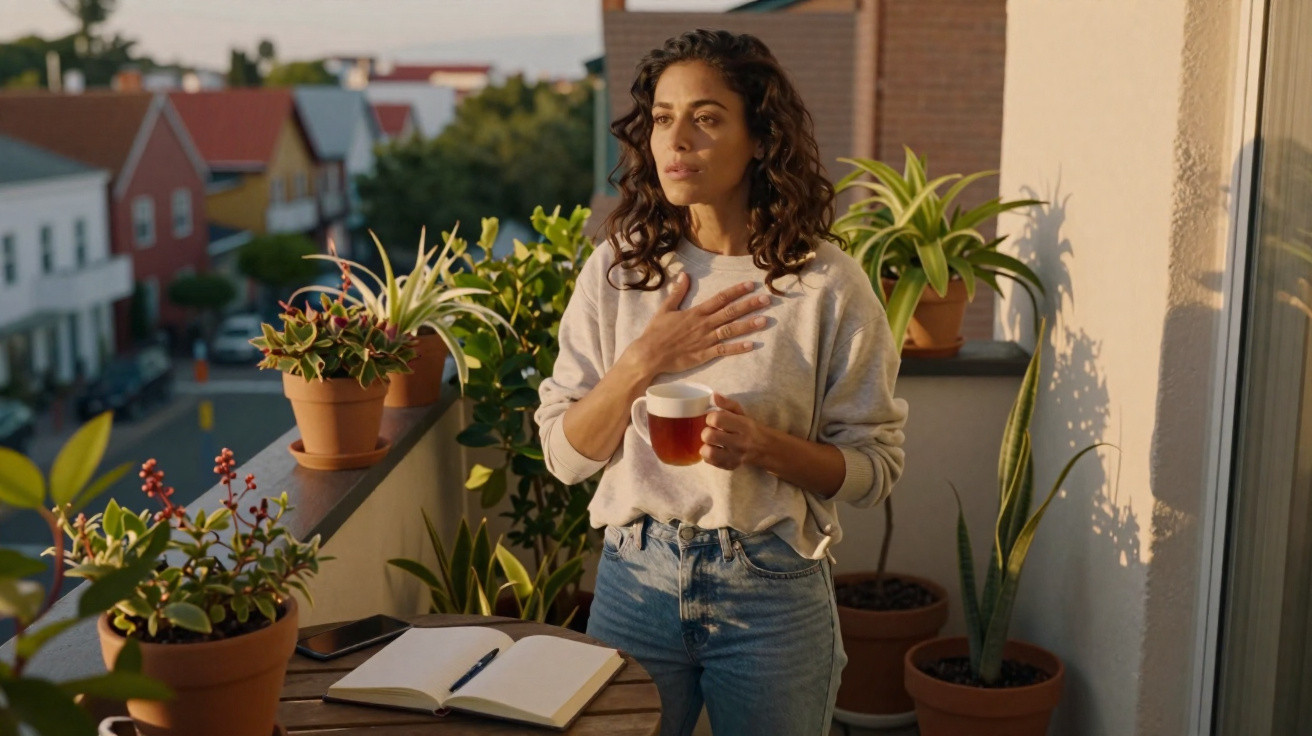 Mulher jovem em varanda com chá na mão, plantas em vasos e caderno aberto sobre mesa de madeira.