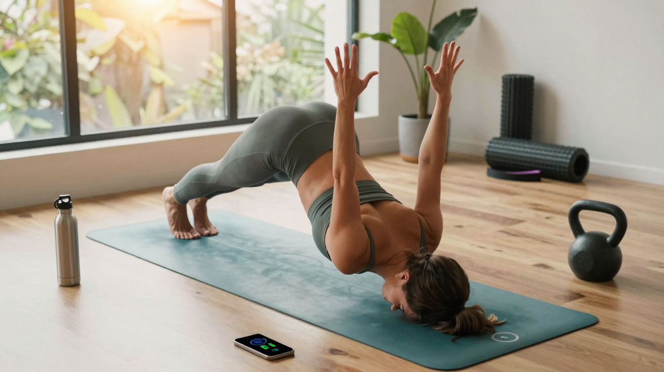 Mulher a praticar yoga no chão da sala, com braços elevados e corpo alinhado numa prancha invertida.
