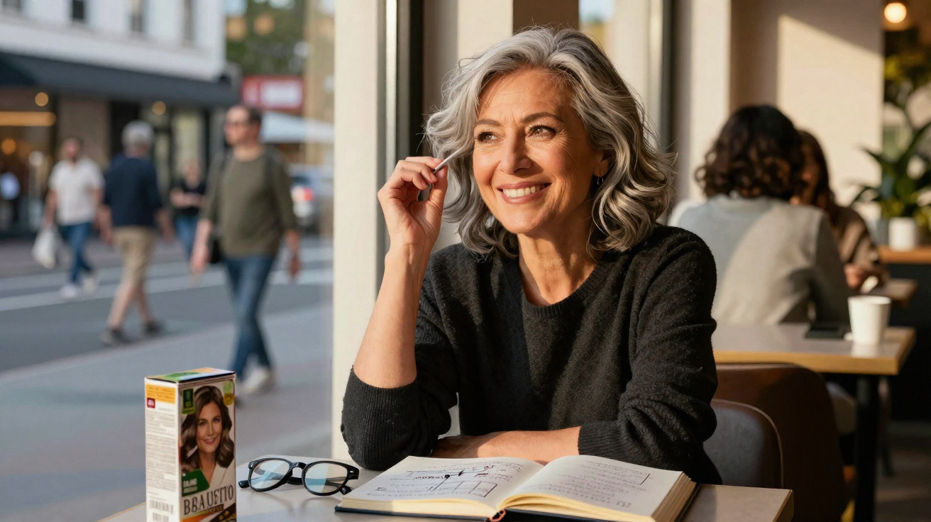 Mulher com cabelo cinza a sorrir sentada à mesa com livro aberto num café, óculos e tintura para cabelo ao lado.