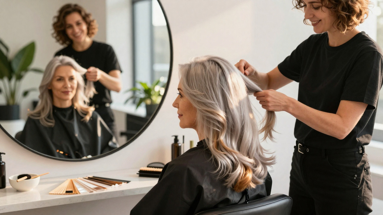 Cabeleireira a pentear cabelo castanho claro de mulher sentada numa cadeira num salão moderno.