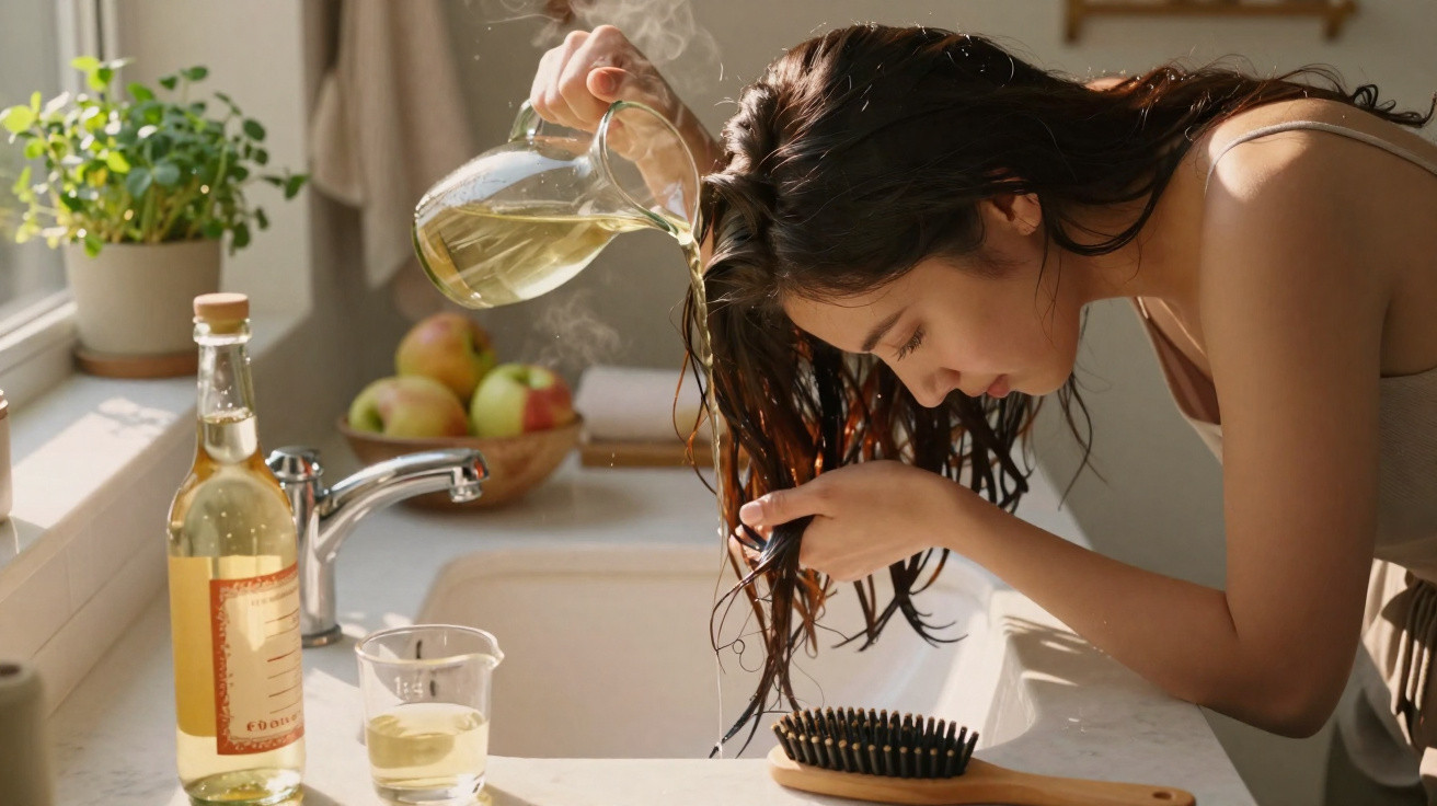 Mulher a aplicar óleo quente no cabelo junto à pia numa cozinha bem iluminada.