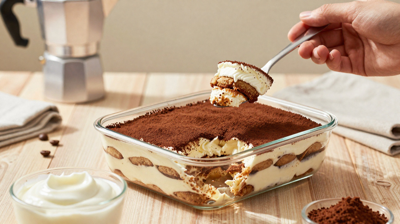 Pessoa a servir colher de tiramisu num recipiente de vidro sobre mesa de madeira clara.