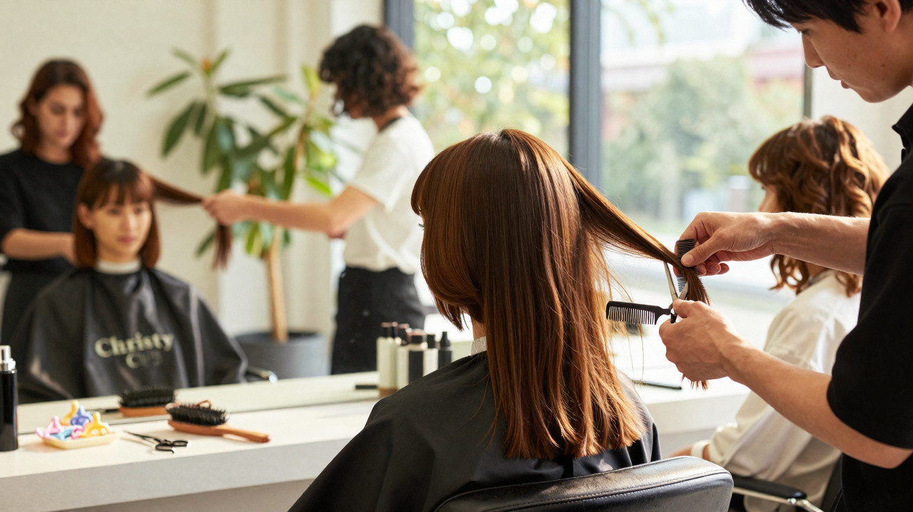 Salão de cabeleireiro com três clientes a serem atendidas por dois cabeleireiros durante corte e escovagem de cabelo.
